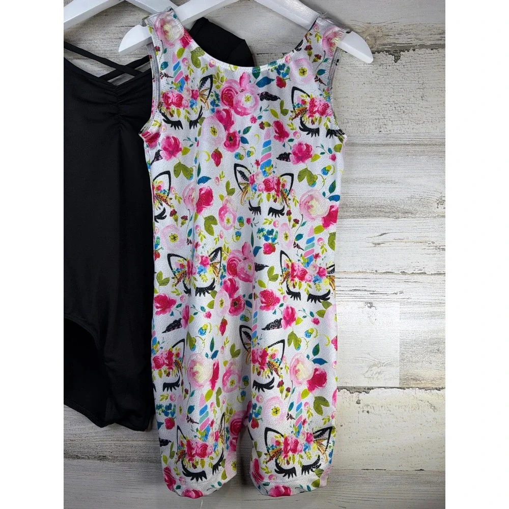 DanceSkin Leotard & Unicorn Unitard Lot Girls S 6-6X Black Floral Ballet EUC